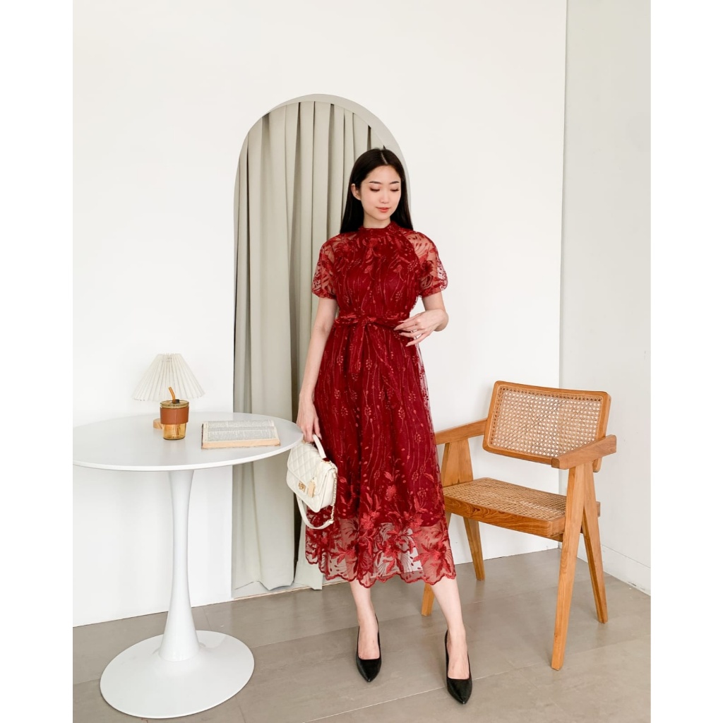 Dress annabelle dress pesta size M L XL bahan brokat tile mutiara 3d import furing hygett ada resele