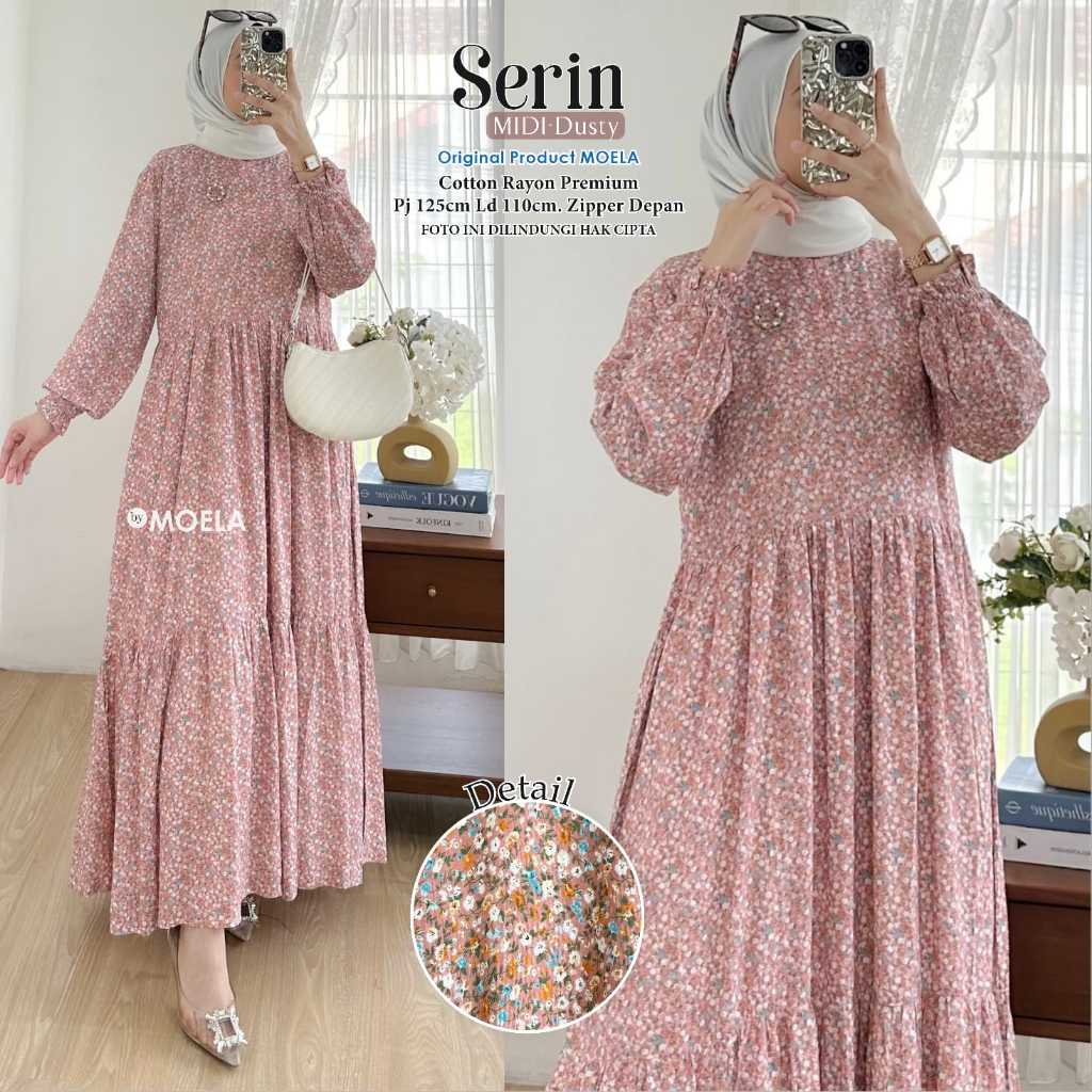 Midi dress gamis muslimah full motif bunga zipper busui berkualitas Original Moela - Serin