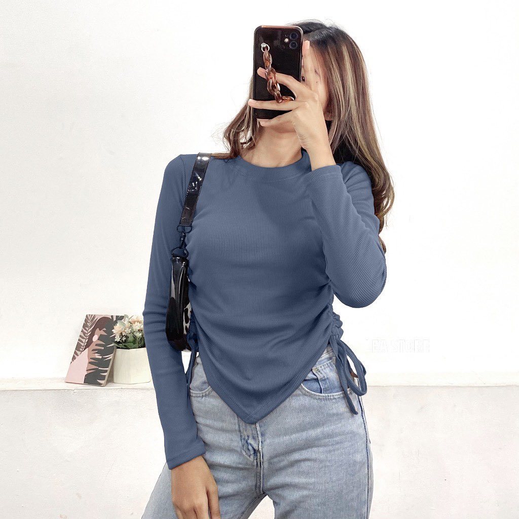 KNIT TOP Crop serut samping kiri & kanan lengan panjang kerut tali top knit korea