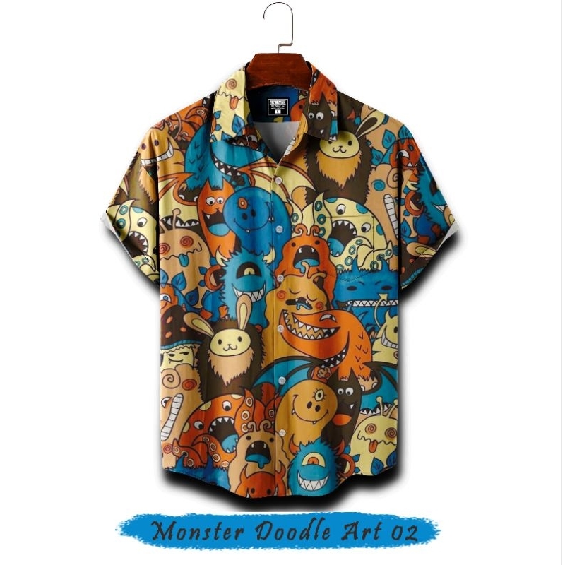 Kemeja Pria Motif Premium | Monster Doodle Art 02