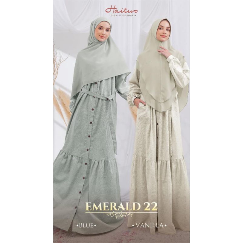 Emerald 022 Gamis Premium Haitwo Original Dress Bordir Pesta Warna Vanilla/Blue