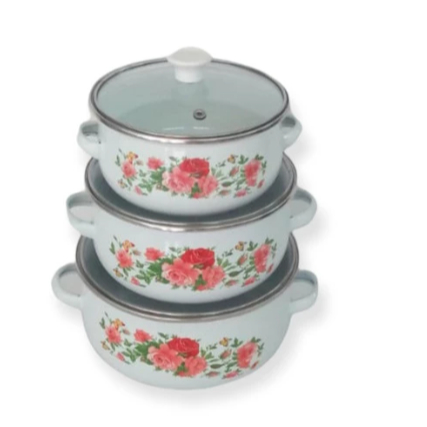 Panci Enamel Set Susun3 Panci Tutup Kaca Panci Bunga Enamel
