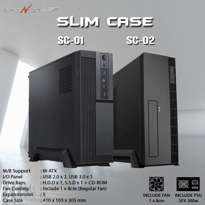 CASING PC / CPU KOMPUTER MURAH POWER UP SLIM CASE INC 1 FAN + PSU