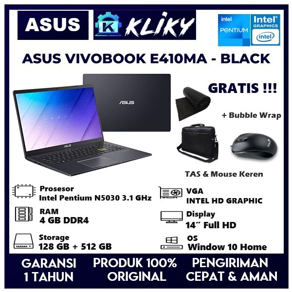 Laptop Asus Vivobook 14 E410MA Intel Pentium SIlver N5030 Ram 4 GB ssd 512 GB Black