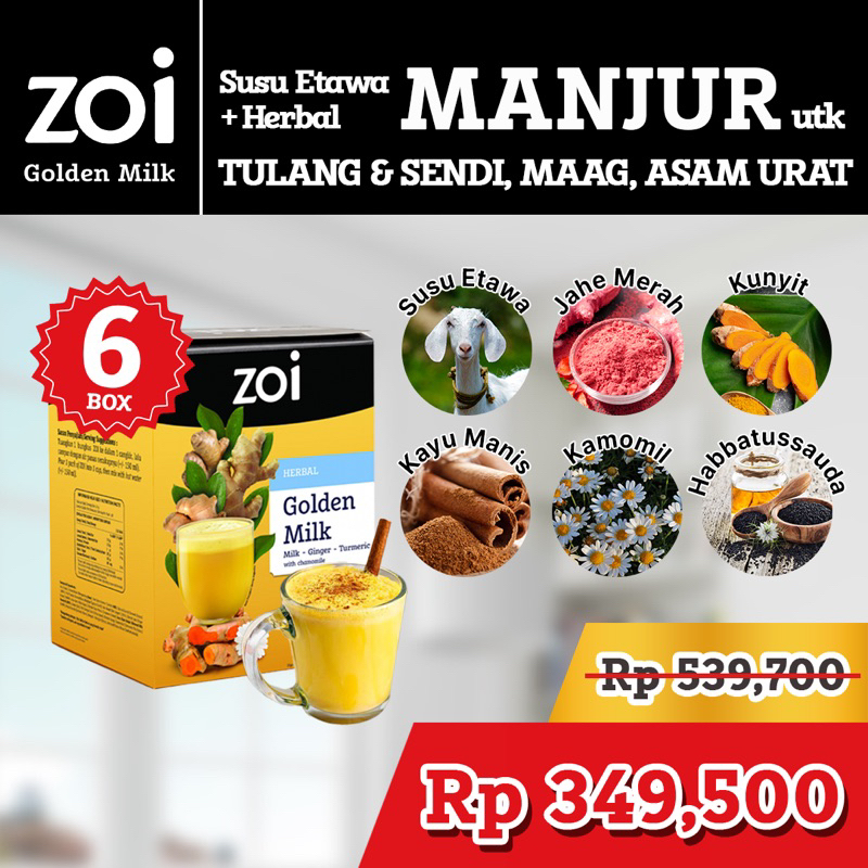 

Paket 6 Box Zoi Golden Milk Susu Herbal Susu Sehat Susu Kambing, Jahe dan Kunyit