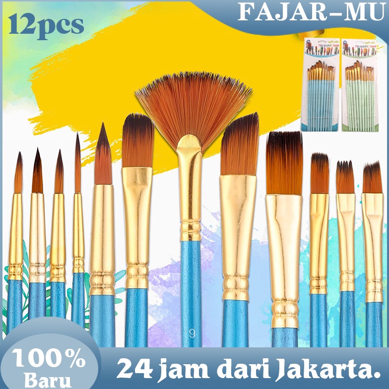 

KODE I15N 12 Pcs Kuas Set Lukis Nylon Hair Brush Set Watercolor Pen Set Art Supplies Artist Paint Brush Kuas Cat Minyak