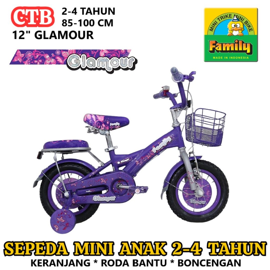 12" Family Glamour CTB 2-4 Tahun Low-Step Frame Sepeda Anak Perempuan