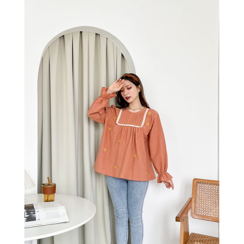BLOUSE LINEN RENDA BORDIR/ BLOUSE KOREA STYLE/BLOUSE LINEN/ATASAN LINEN