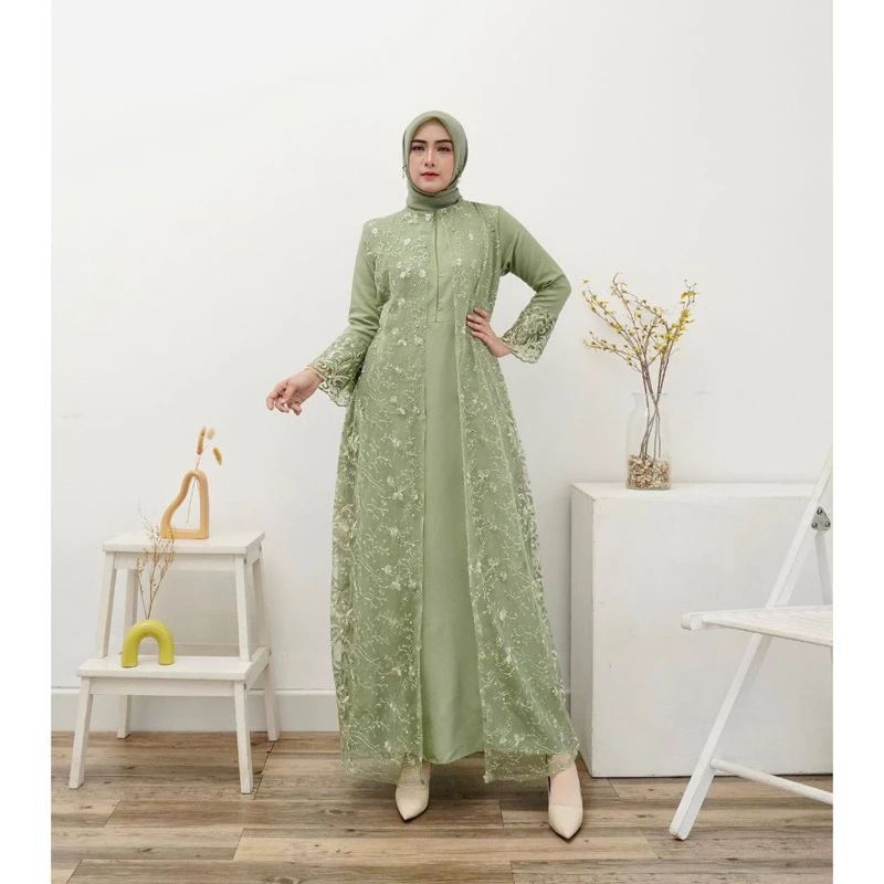 HENA DRESS GAMIS BRUKAT TILE MUTIARA MODEL CAPE BUSUI PREMIUM SATIN VELVET TALI SAMPING SERAGAM BRID