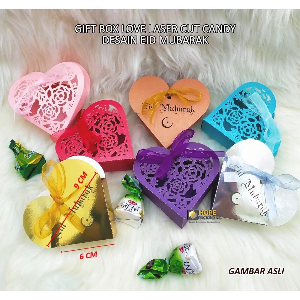 

WOW Harga 5 Pcs Kemasan Gift Box Lebaran Love Laser Cut Candy Muslim Gratis pita Ukuran 9x6cm