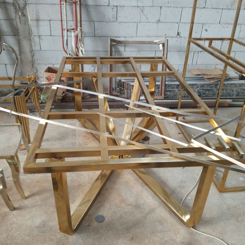 Meja makan kaki stainless gold model baru-Frame kaki meja makan modern stainless gold