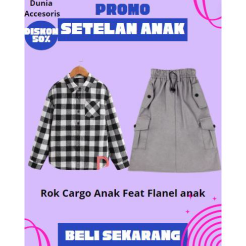 Setelan Rok Cargo Feat Flanel Anak Perempuan Kotak Kotak Hitam Putih Lengan Panjang Bisa Pilih Warna