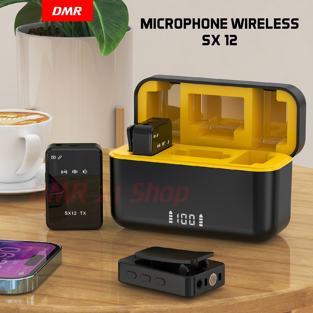 DMR SX12 Microphone Wireless Dual Mikrofon Clip on Mic hp dan Charging Case Mikrofon untuk Vlog Yout