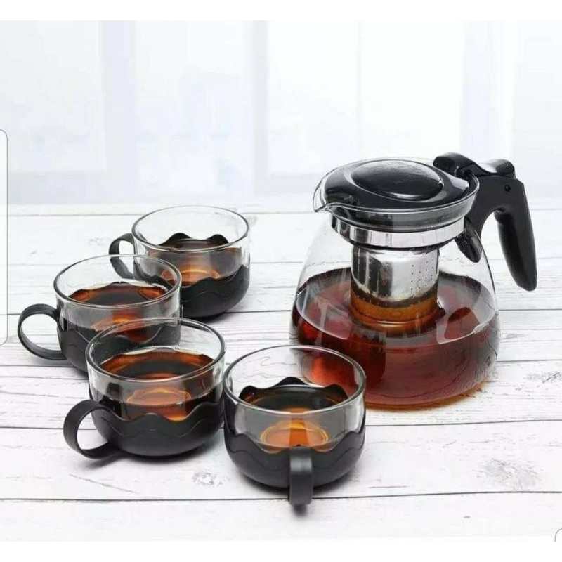 Set Tea Pot Glass Ceret Teko Gelas Cangkir Kaca 5 In 1