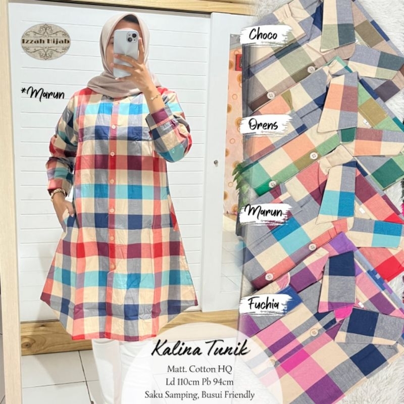 TUNIK MIDI JUMBO/ KALINA TUNIK MIDI / Tunik bahan katun motif kotak / TUNIK WANITA TERBARU