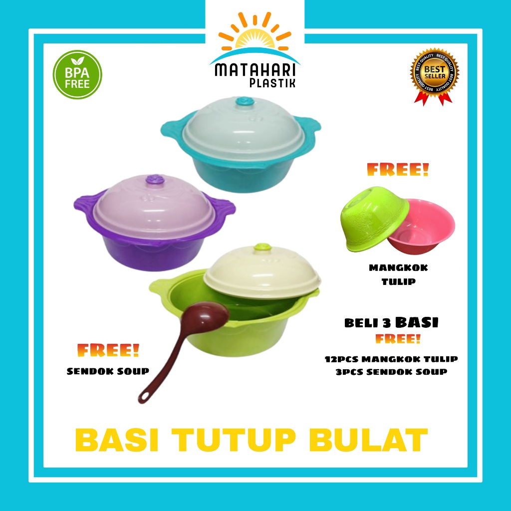 (3 Pcs) Basi Tutup Bulat/Basi Plastik Bulat/Basi Prasmanan (Free Mangkok & Sendok Sop)
