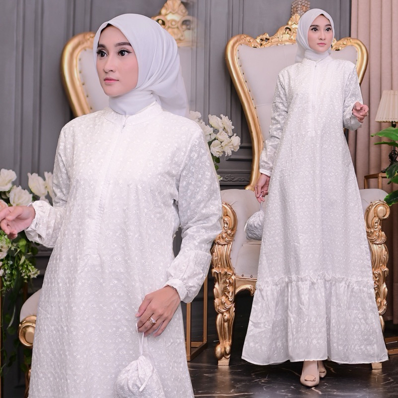 Gamis alena/gamis ikhram wanita putih katun bordir premium