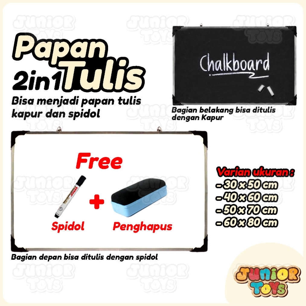 

KUALITAS TERBAIK Papan Tulis Whiteboard 2in1 Multi Fungsi Bagian Belakang Bisa Menulis Kapur Bonus Free Spidol Dan Penghapus