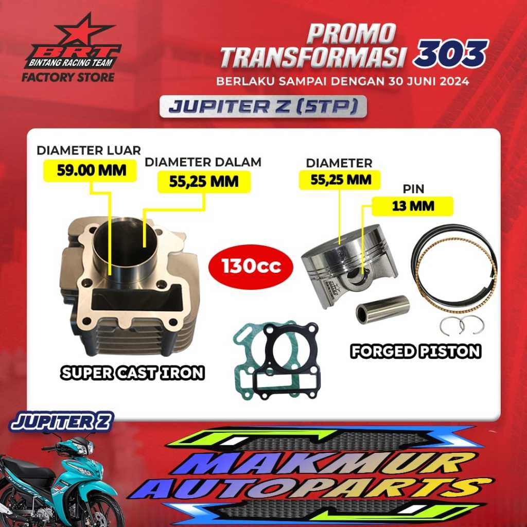 BLOK CAST IRON 55.25 MM + PISTON BORE UP 130 CC JUPITER Z (5TP) BRT BINTANG RACING TEAM