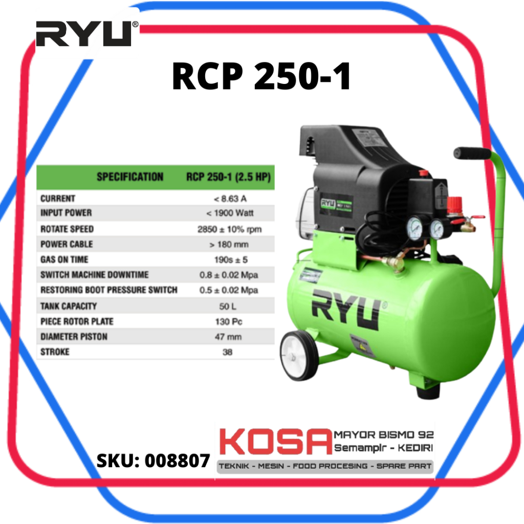 Tekiro RCP250-1 Kompresor Angin 2.5 HP, Kapasitas Tangki 50 Liter