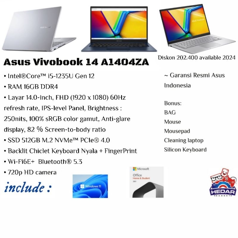 Asus A1404ZA i5 1235U 16GB 512GB W11 OHS 14 FHD Fingerprint