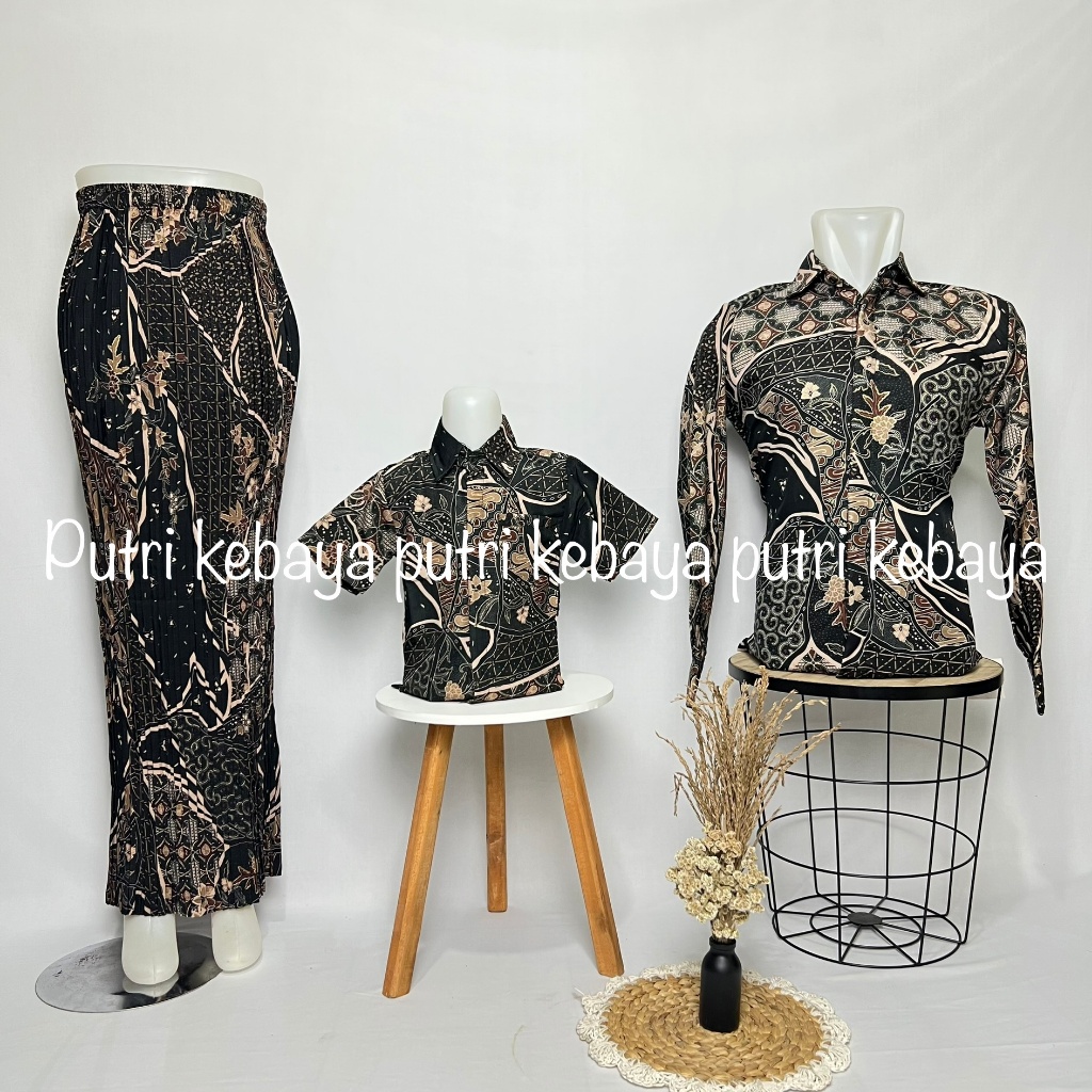 RB3 Couple Batik Ibu Anak Dan Ayah Couple Keluarga Couple Family Couple Kemeja Panjang Rok Plisket
