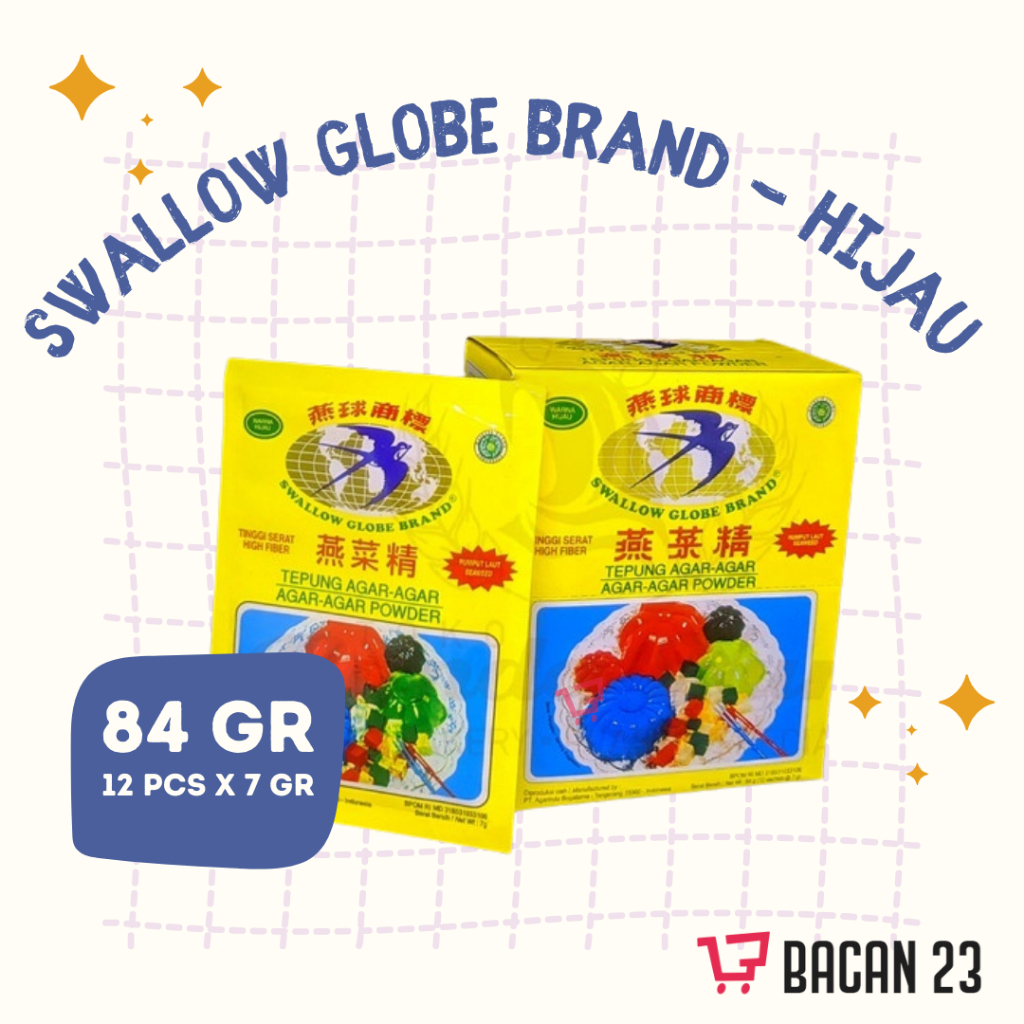 

Agar - Agar Swallow Globe Brand Hijau (12 Sachet x 7 gr ) Agar agar hijau