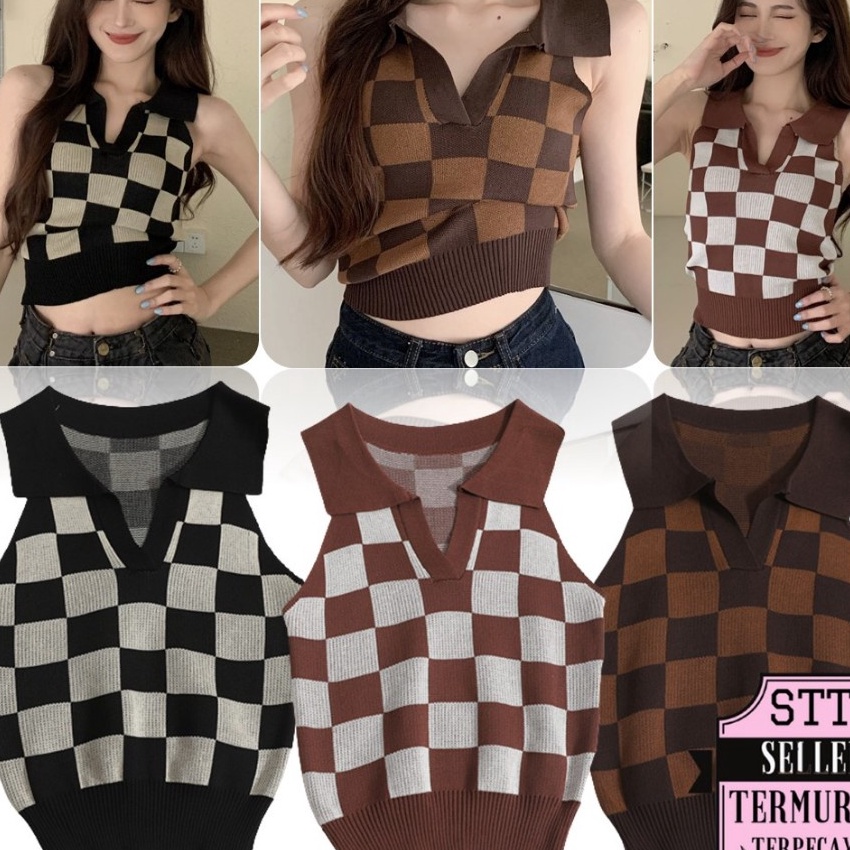 KP8 STT Baju Crop Wanita Korean Diamond Kode 6859 Plaid Knit Vest Crop Top Rompi Rajut Korea V Neck 