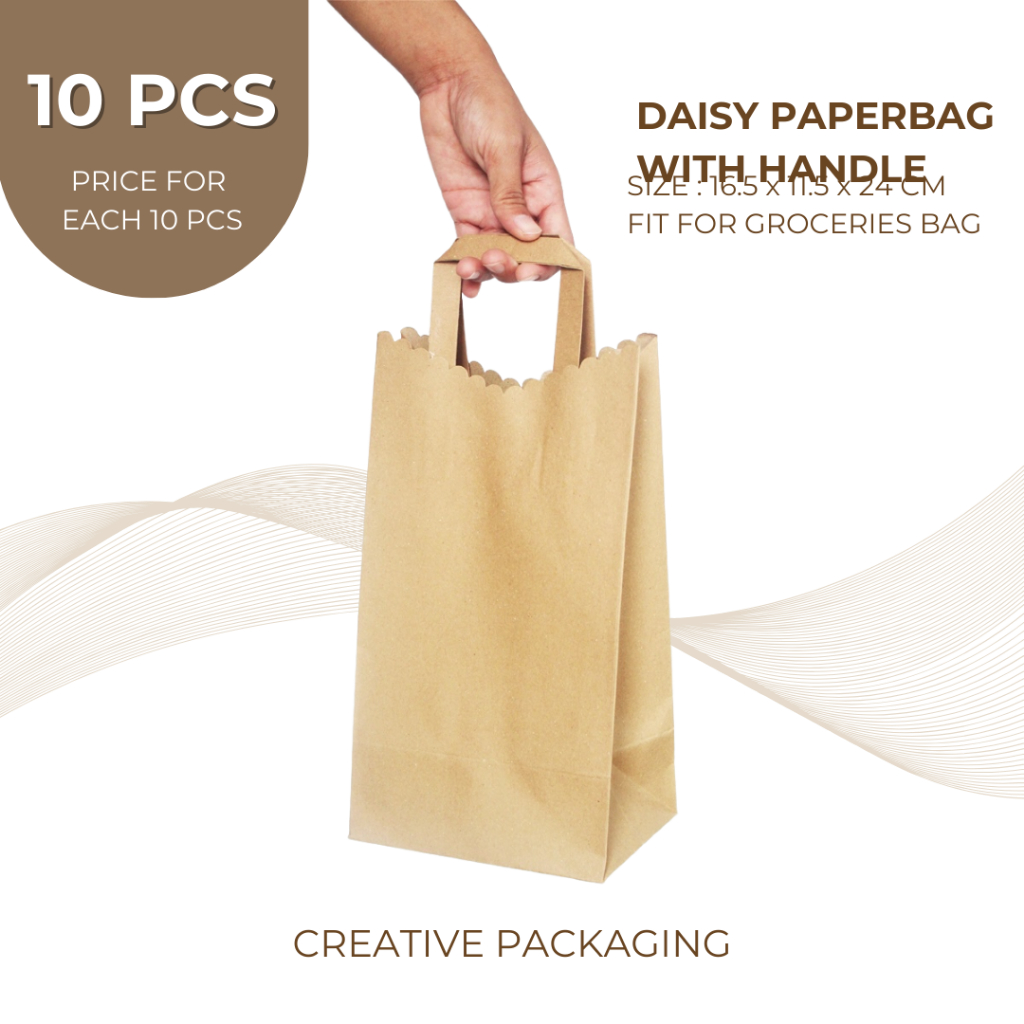 

Creative Packaging - [10 PCS] DAISY PAPERBAG WITH HANDLE / PAPERBAG / GOODIE BAG / BROWN KRAFT PAPER