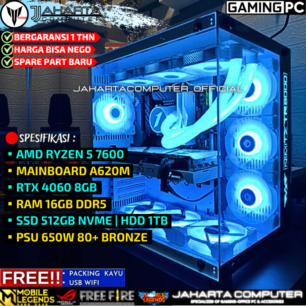 PC GAMING RAKITAN RYZEN 5 7600 RTX 4060 8GB RAM 16GB DDR5 CPU KOMPUTER FULLSET SIAP PAKAI S71