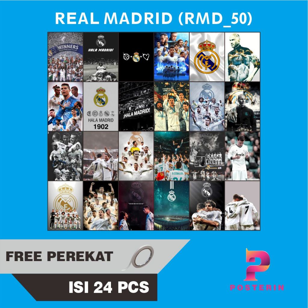 24 Pcs Poster Dinding Bola Real Madrid Aesthetic Vintage Kamar Cowok Cewek Free Perekat
