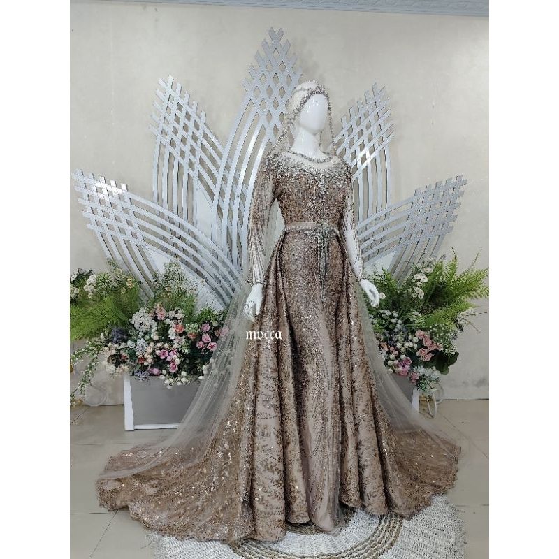 slim dress ekor pisah mocca nude