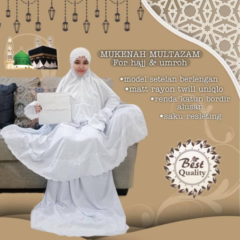 MUKENA MULTAZAM, MUKENA SETELAN BERLENGAN BAHAN RAYON TWILL UNIQLO, MUKENA HAJI DAN UMROH