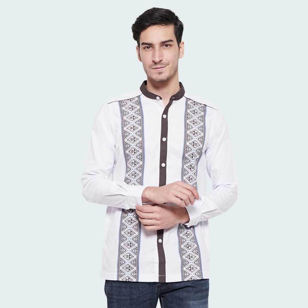Johnwin - Baju Koko - Kemeja Koko - Bordir Coklat - Putih - Slim Fit - ASH.680.K463K.175.C - Free ke