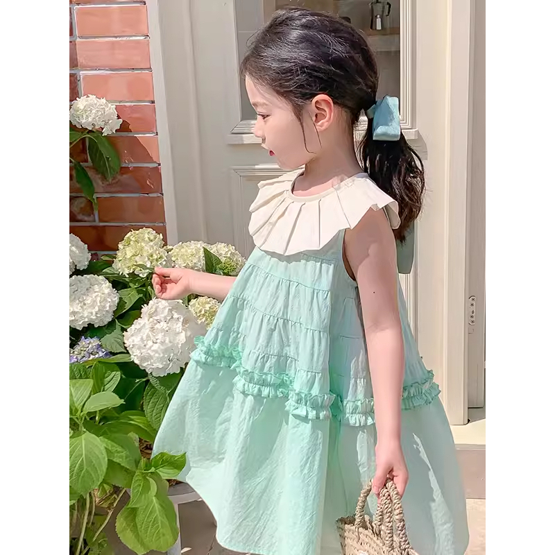 Girl Green Dress Linen Baju Pesta Party Gaun Ulang Tahun Birthday Hijau Elegan anak Perempuan Cewek