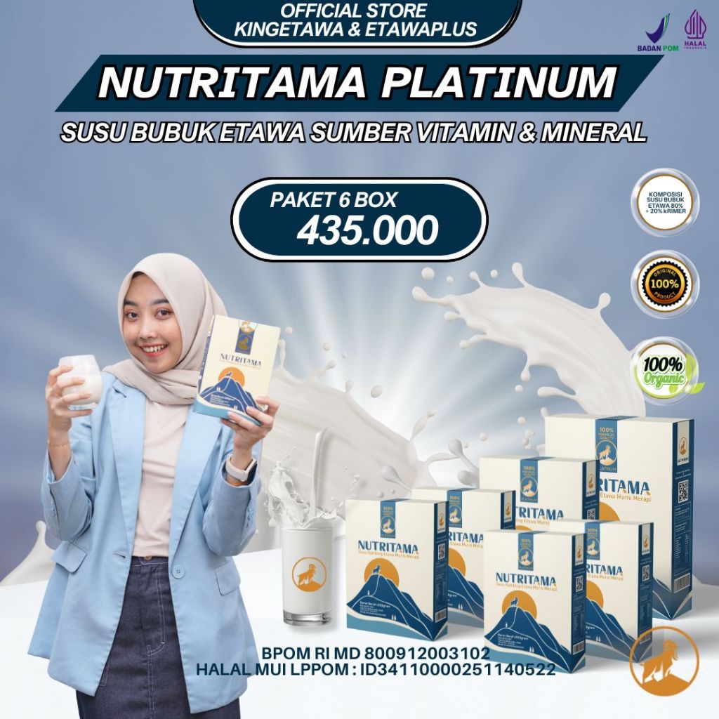 

Nutritama Platinum Susu Kambing Etawa Untuk Nyeri Sendi, Sesak Nafas, Rematik & Osteoporosis Kemasan 250gram Paket 6 Box