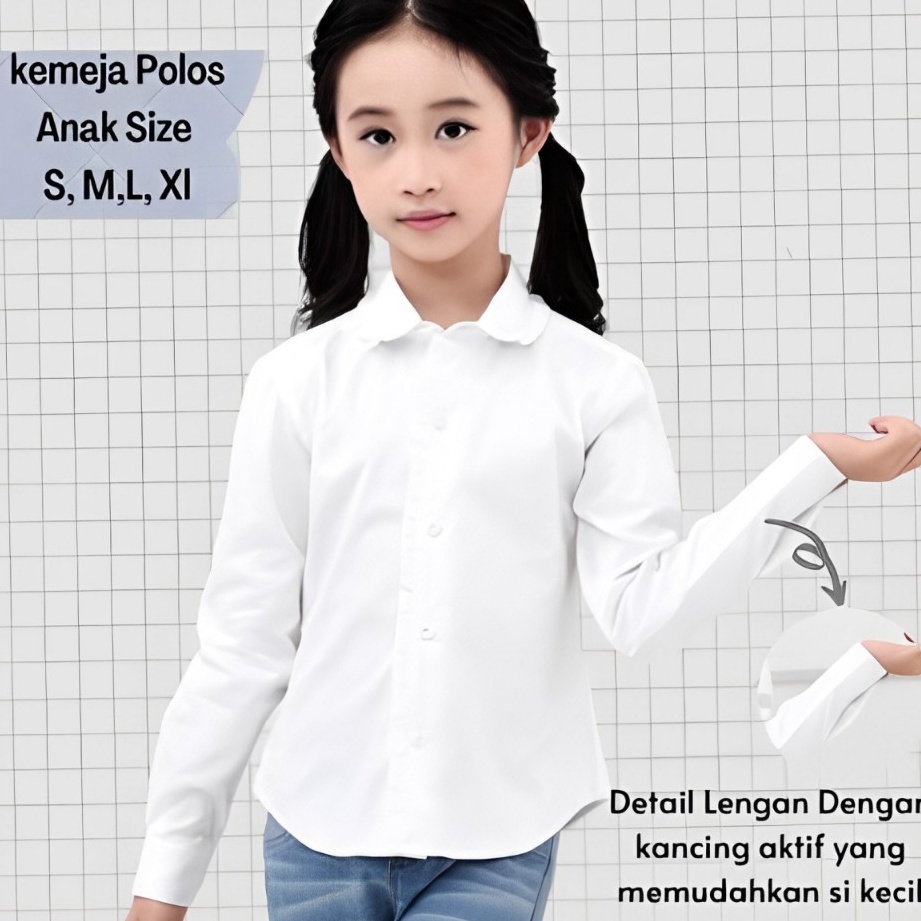 KODE O19I Atasan Anak Perempuan Kemeja Putih Polos Katun Usia 713 tahun  Baju Putih Lengan Panjang A