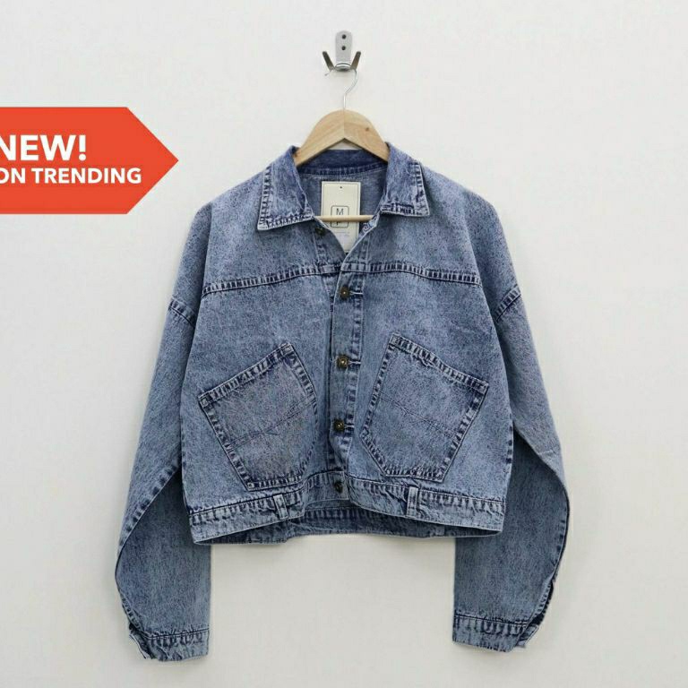 KODE H58D Jaket Crop Top Jeans Wanita Jumbo Oversize Vintage Ld 14cm Snow Wash Best Seller Tebal Ter