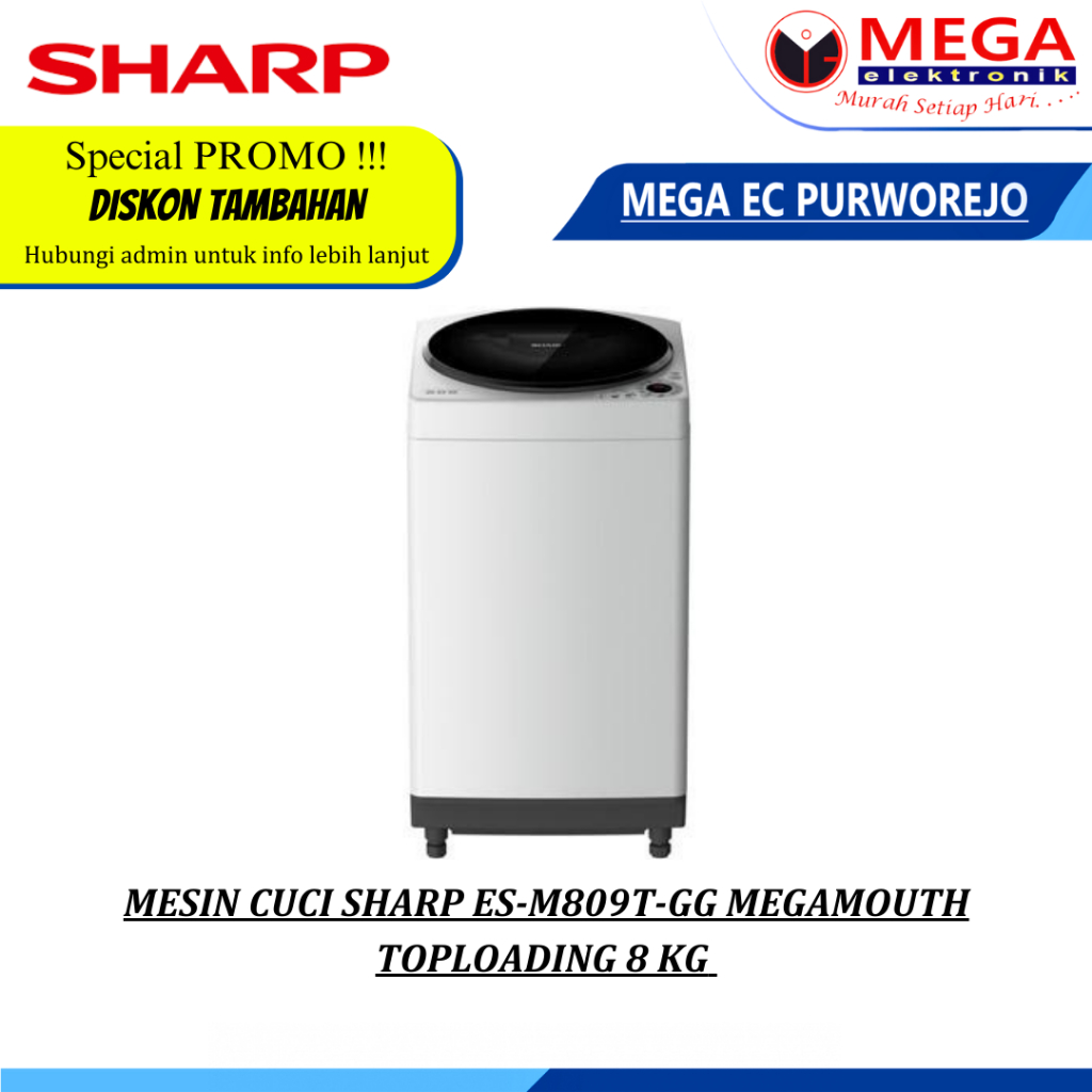 MESIN CUCI SHARP 1 TABUNG ES-M809T-GG / ES M809T GG TOP LOADING