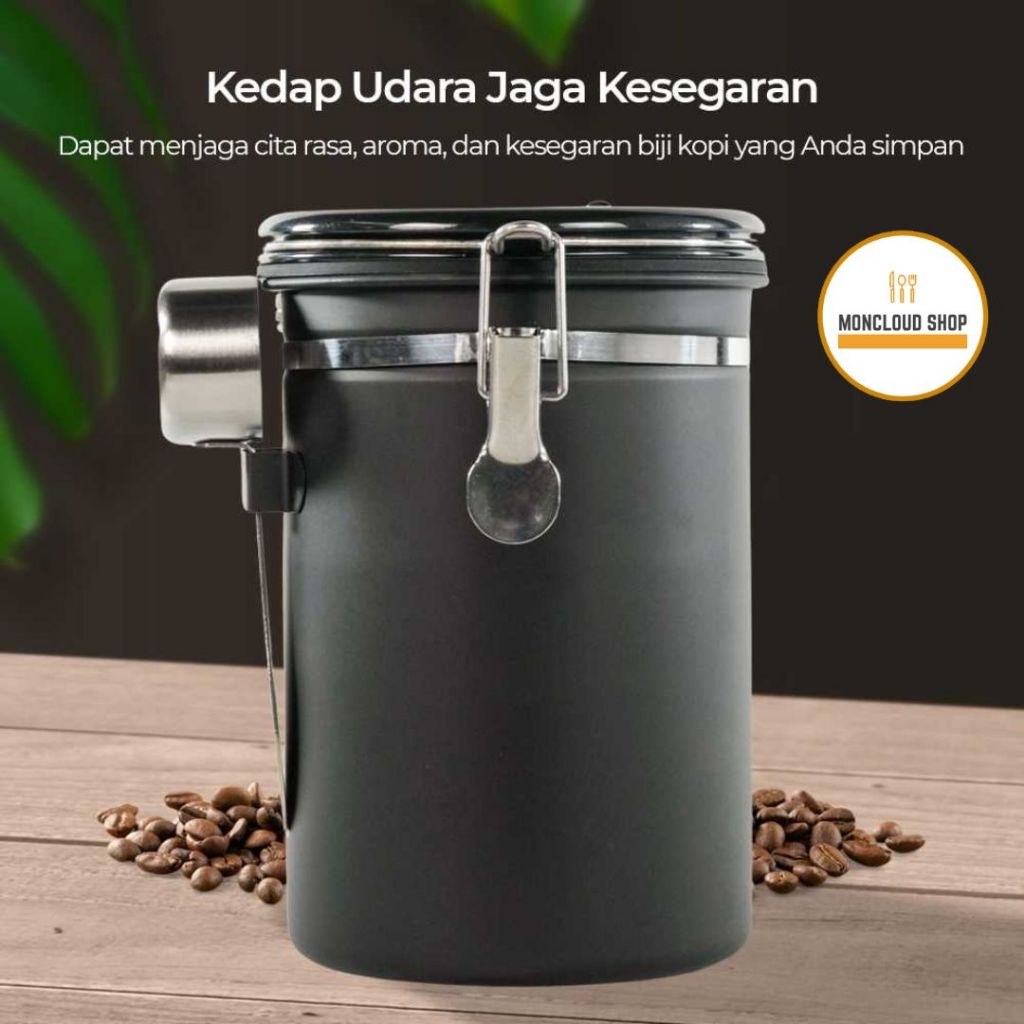 Toples Besar Kedap Udara Biji Kopi Stainless Steel dan Sendok Takar Coffee Storage Canister