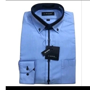 Kemeja Alisan Biru Muda / Biru Cerah Polos Kombinasi List Tengah Lengan Panjang Slimfit