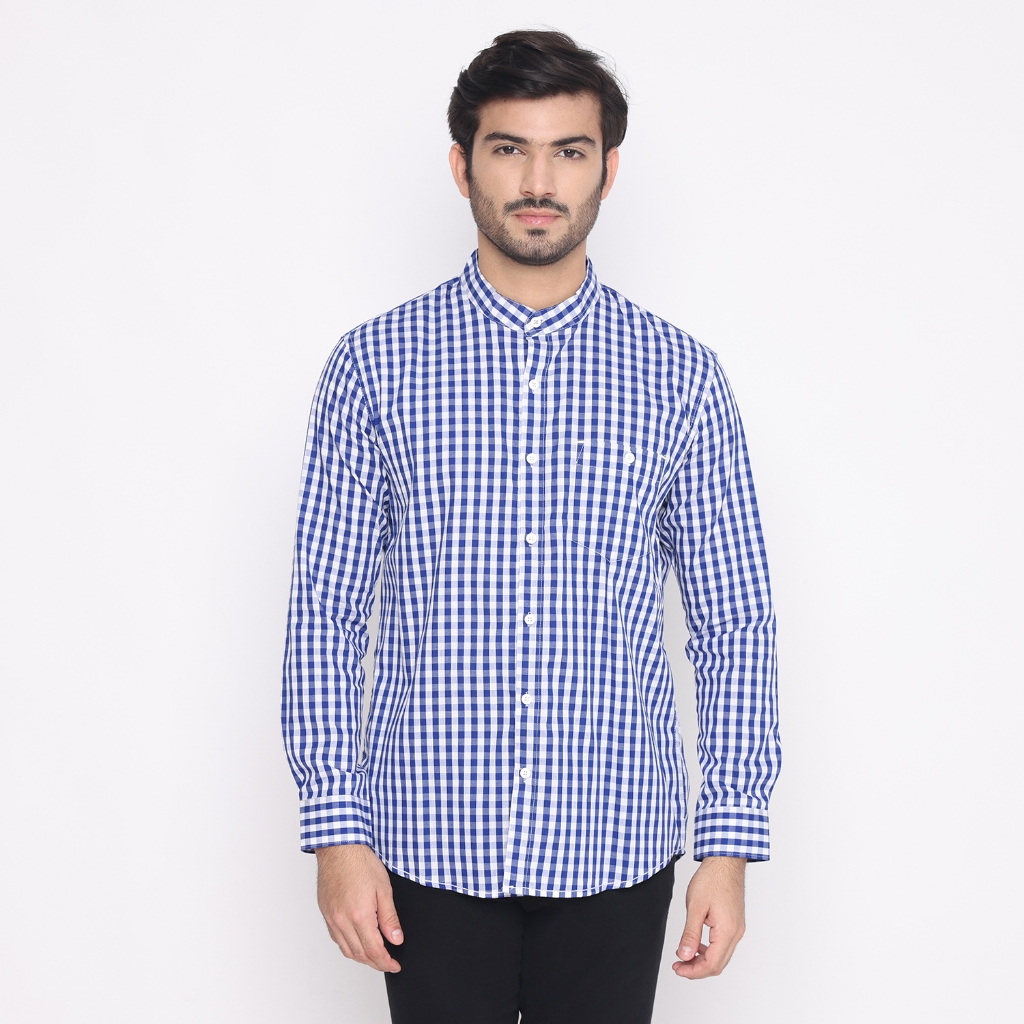 Kemeja Koko Pria Kotak Kotak Lengan Panjang Warna Biru / Baju Muslim Kemko Terbaru C3618