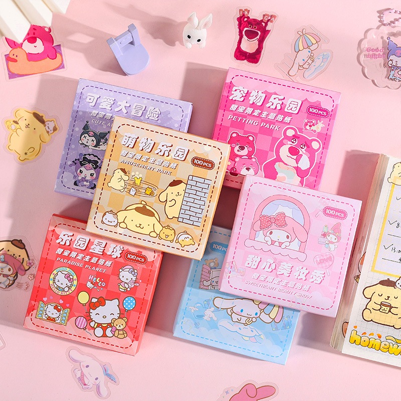 

Stiker Sanrio Box Mini Lotso Cinnamoroll Kuromi isi 100pcs Stiker Bening Stiker Aesthetic Stiker Dekor Kartu Kpop Import