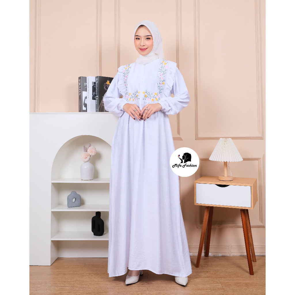 HOT SALE Zora gamis wanita mewah elegan/dress kondangan muslim bahan pollo linen bordir bunga busui