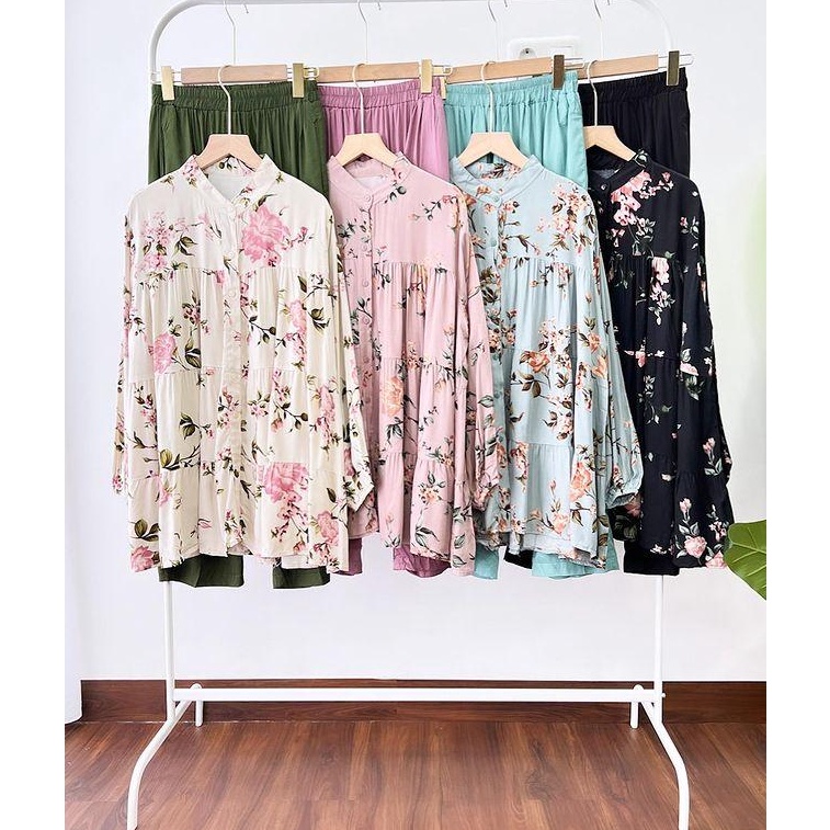 KODE Q42S ONESET DELLA  Set wanita motif bunga  AtasanCelana