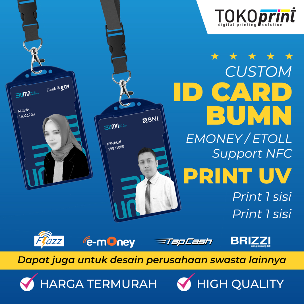 Custom ID CARD BUMN Terbaru Emoney Brizzi Tapcash Flazz Etoll atau perusahaan lainnya