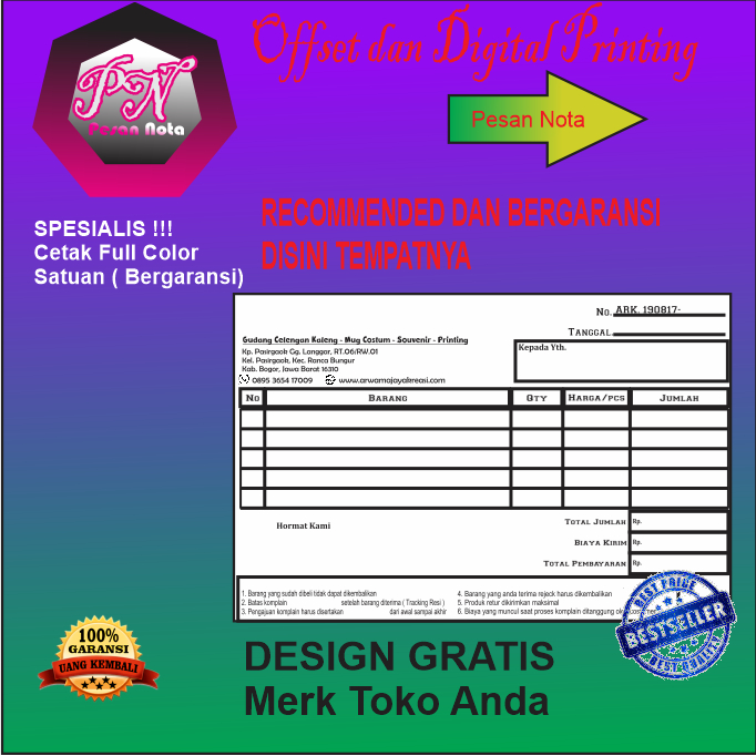 

Cetak Nota Custom HVS 1 ply 1/4 FOLIO (40 buku)