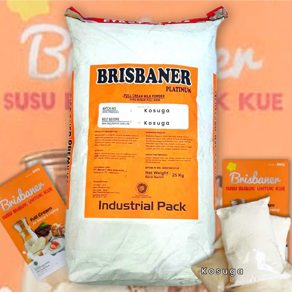 

Brisbaner Platinum Whole Milk Powder Susu Bubuk Kue & Roti Kemasan Kiloan 1kg 1000gr Repack Sak 25KG