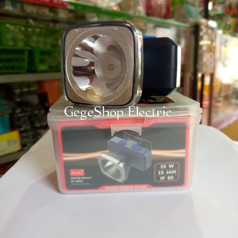 Senter kepala AOKI Senter Kepala 15W baterai lithium tahan hingga 15Jam model kotak