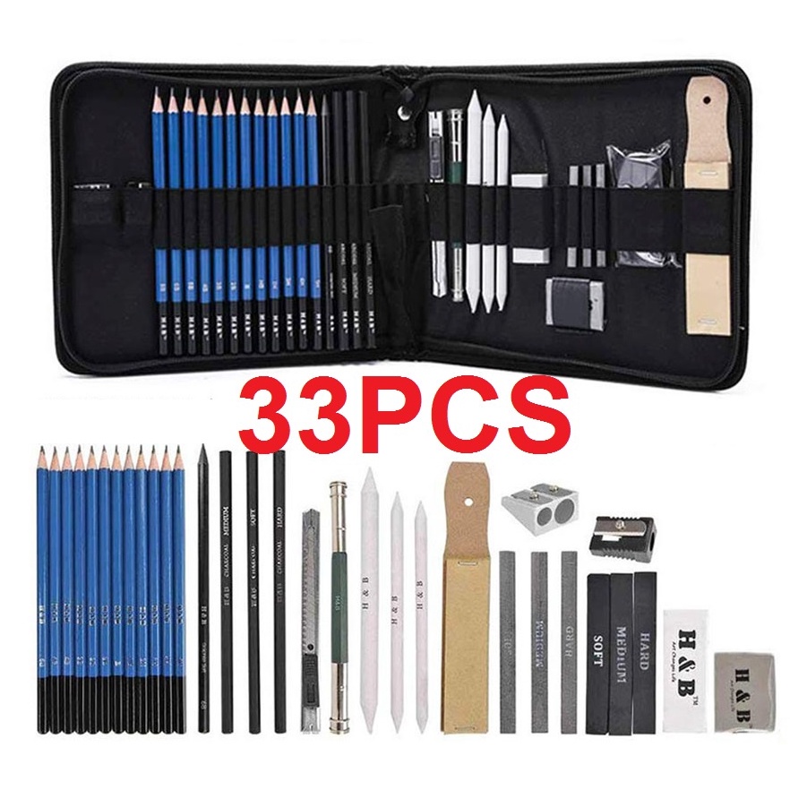 

33PCSSet Sketch Pensil Pisau Penghapus dan Pensil Gambar untuk Keperluan Sekolah Pencil Drawing Set e H3G4